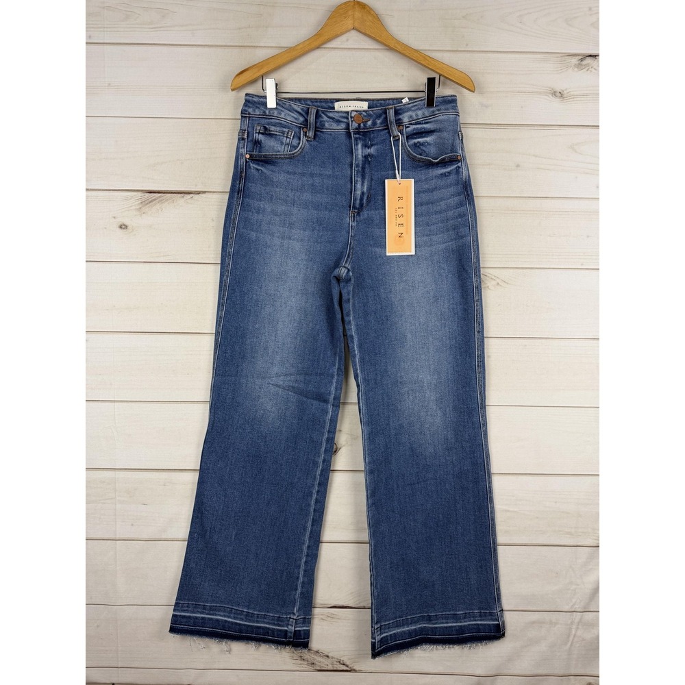Risen Jeans Womens 11/30 Raw Hem Medium Wash High Rise Wide Leg Stretch Denim